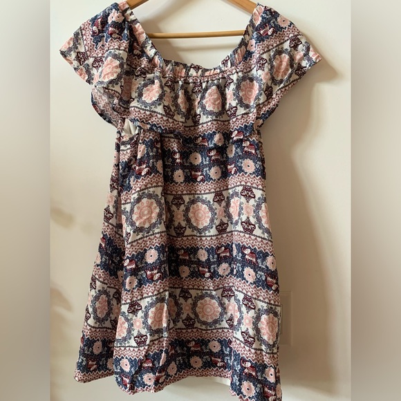 Juniors Boho Elephant Pattern Off Shoulder Ruffle Top Mini Sun Dress Size Medium - Picture 2 of 6